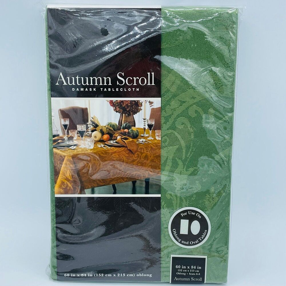 Fall Style Autumn Scroll Fern Green Damask Oblong Oval Tablecloth NEW 60” x84”